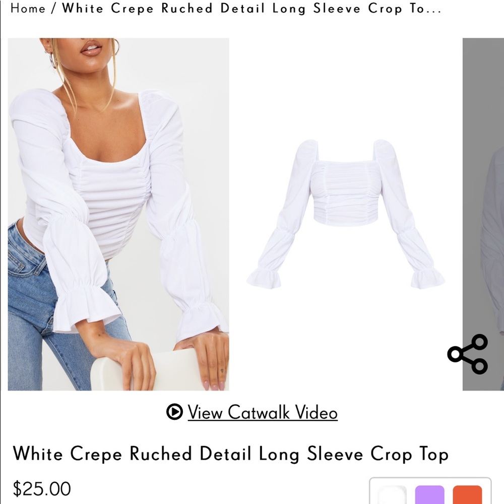 PLT White Crepe Ruched Detail Long Sleeve Crop Top